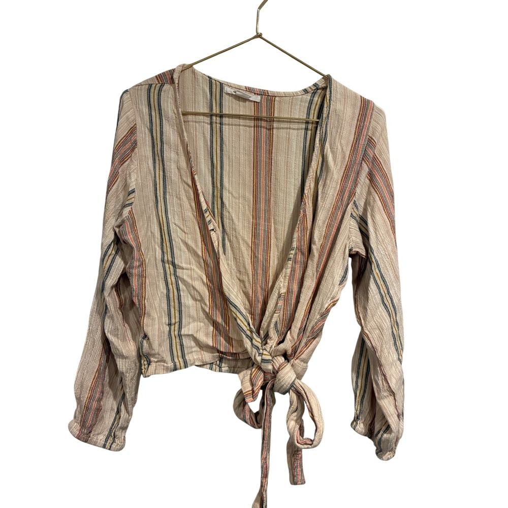 ONeill Womens Striped Long Sleeve Wrap Tie Front Cropped Top Multicolor Large
